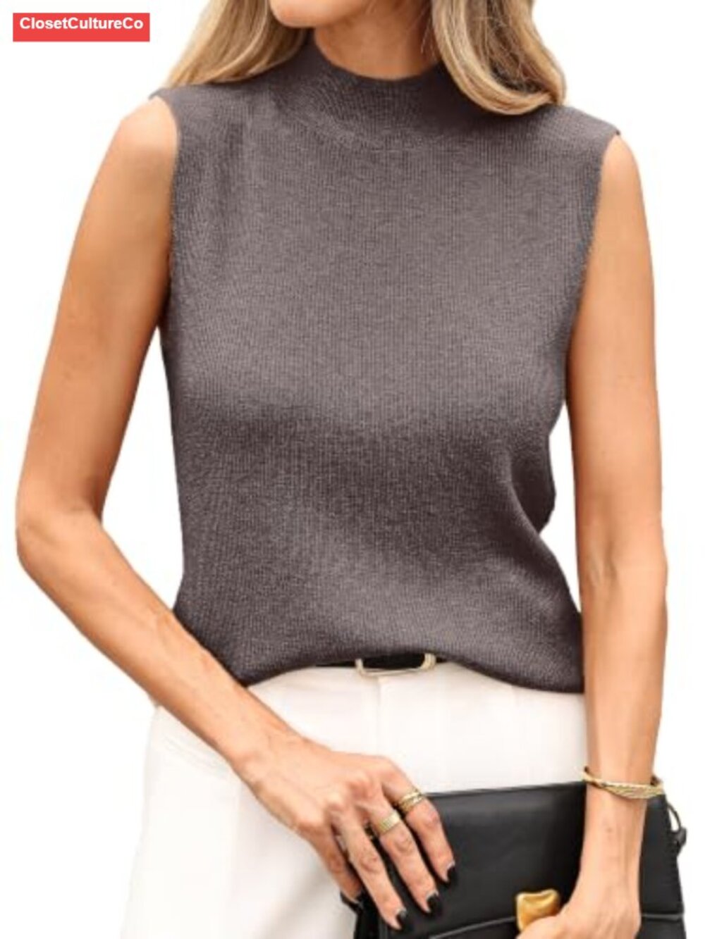 Merino Wool Blend Sleeveless Mock Turtleneck Ribbed Sweater Vest